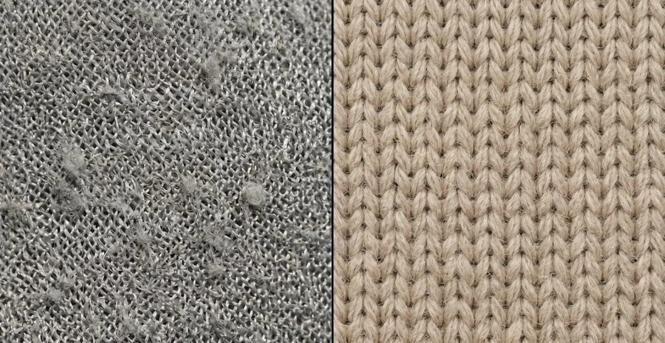 Comparaison macro entre tissu synthétique bas de gamme (gauche) montrant irrégularités et bouloches, et maille laine française (droite) au tricot régulier et fibres naturelles.