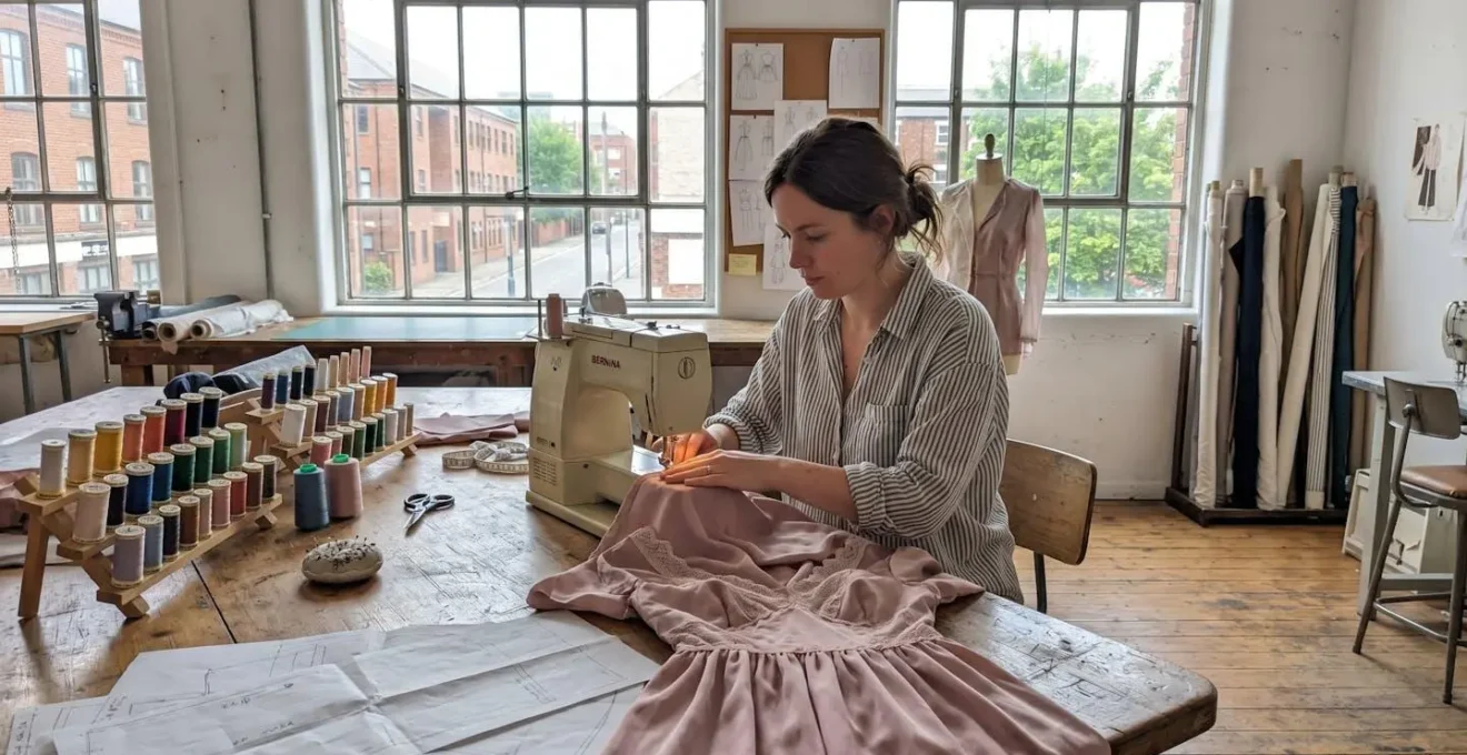 Femme concentrée cousant une robe élégante dans un atelier de couture baigné de lumière naturelle
