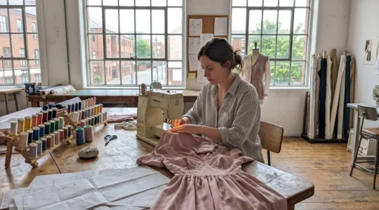 Femme concentrée cousant une robe élégante dans un atelier de couture baigné de lumière naturelle