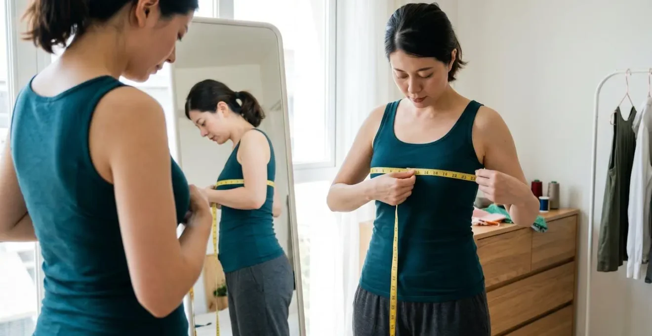 Femme prenant ses mesures corporelles avec un mètre-ruban devant un miroir en pied