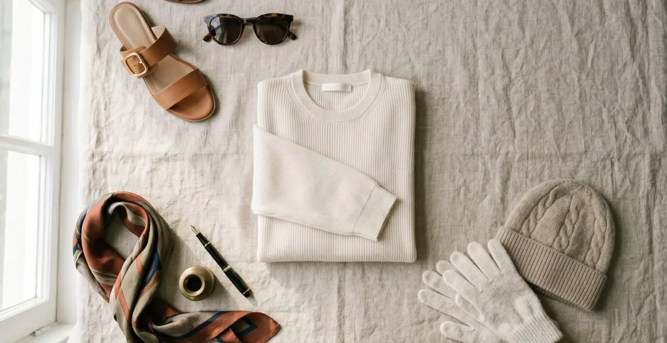 Illustration en trois vignettes montrant le même top en maille beige porté en été seul, en automne avec jupe, et en hiver sous une veste, démontrant sa polyvalence saisonnière.