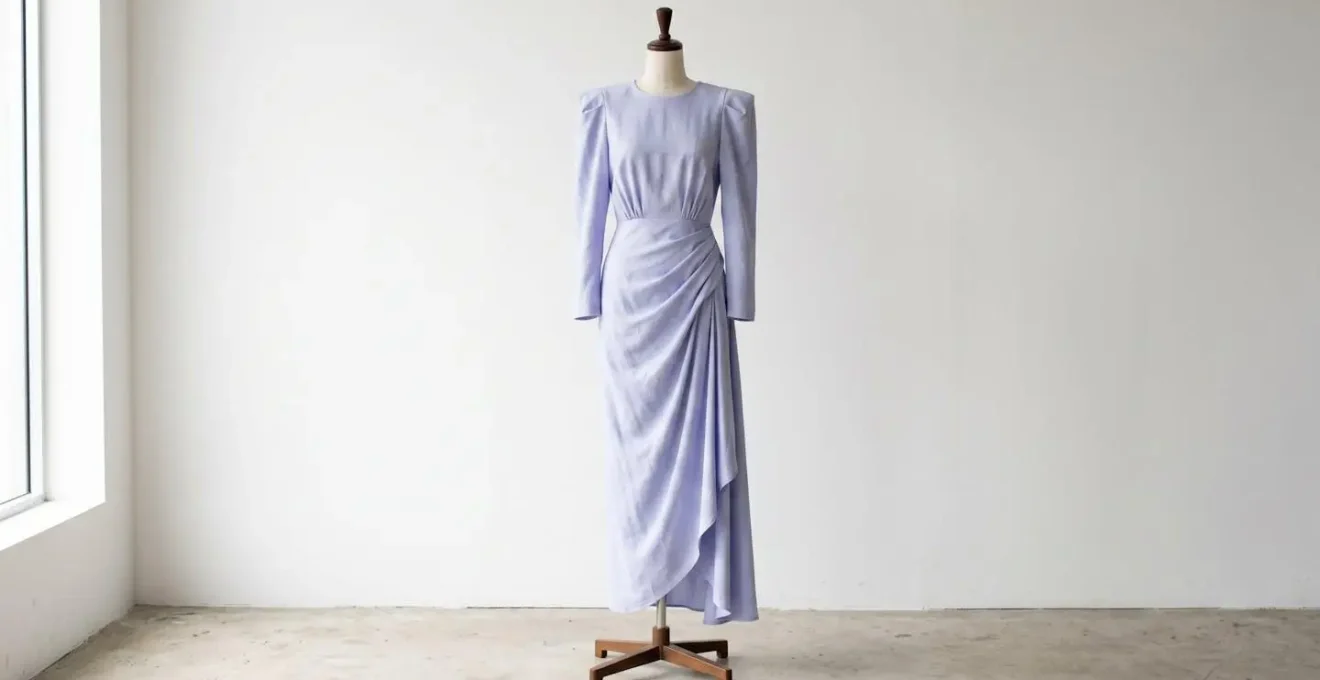 Mannequin portant une robe élégante aux volumes structurés dans un décor épuré