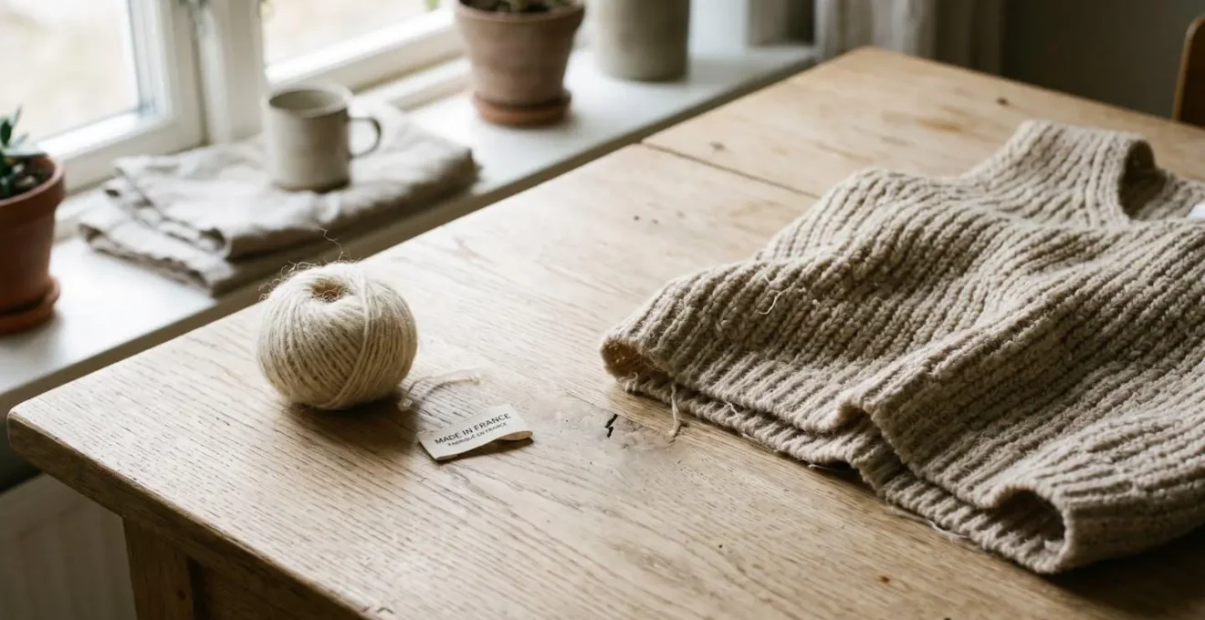 Top en maille beige naturel posé sur une table en bois clair avec pelote de laine et étiquette Made in France, symbolisant le savoir-faire artisanal français.